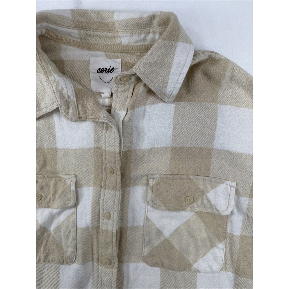 Aerie Lumber Jane Flannel Shirt Buffalo Plaid Tan White Oversized Wmn's Sz Small